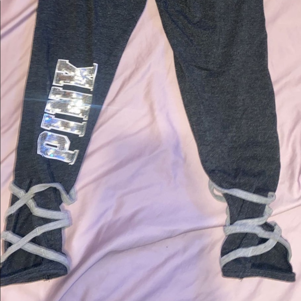 PINK leggings with crisscross around ankles